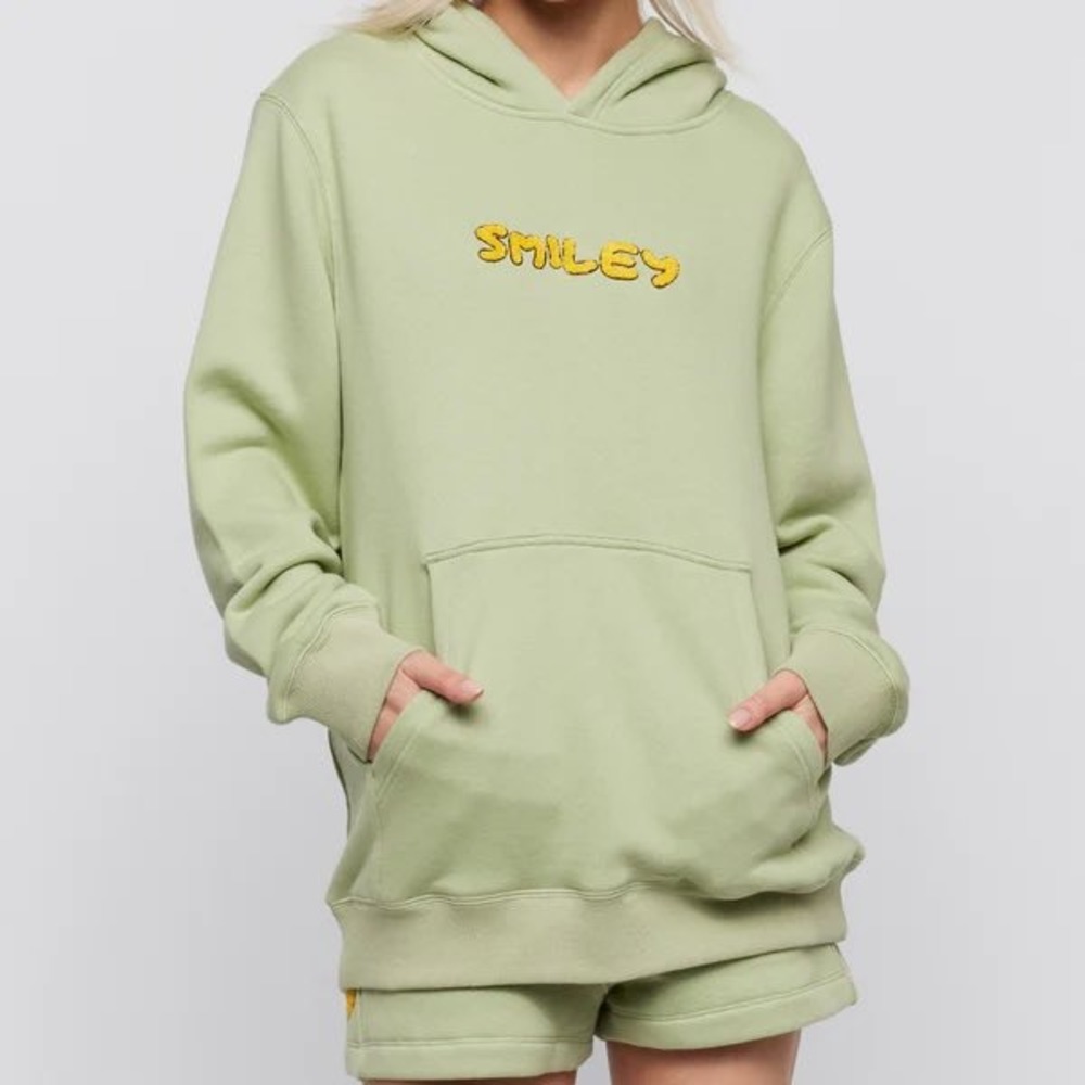 Samii Ryan X Smiley Chenille Hoodie Sage Green Graphic Pullover Sweatshirt‎ XS